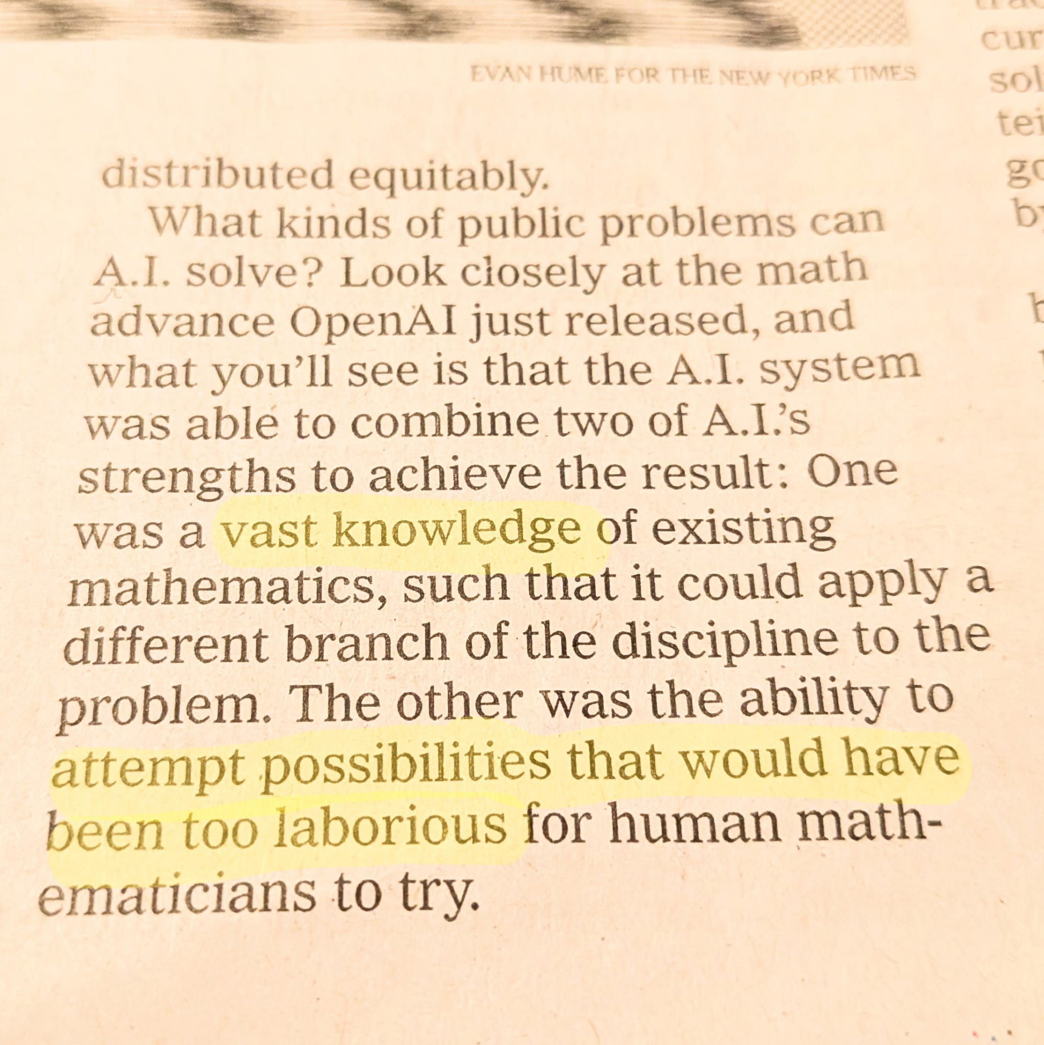 Photo of newspaper article mentioning the two strengths of AI
